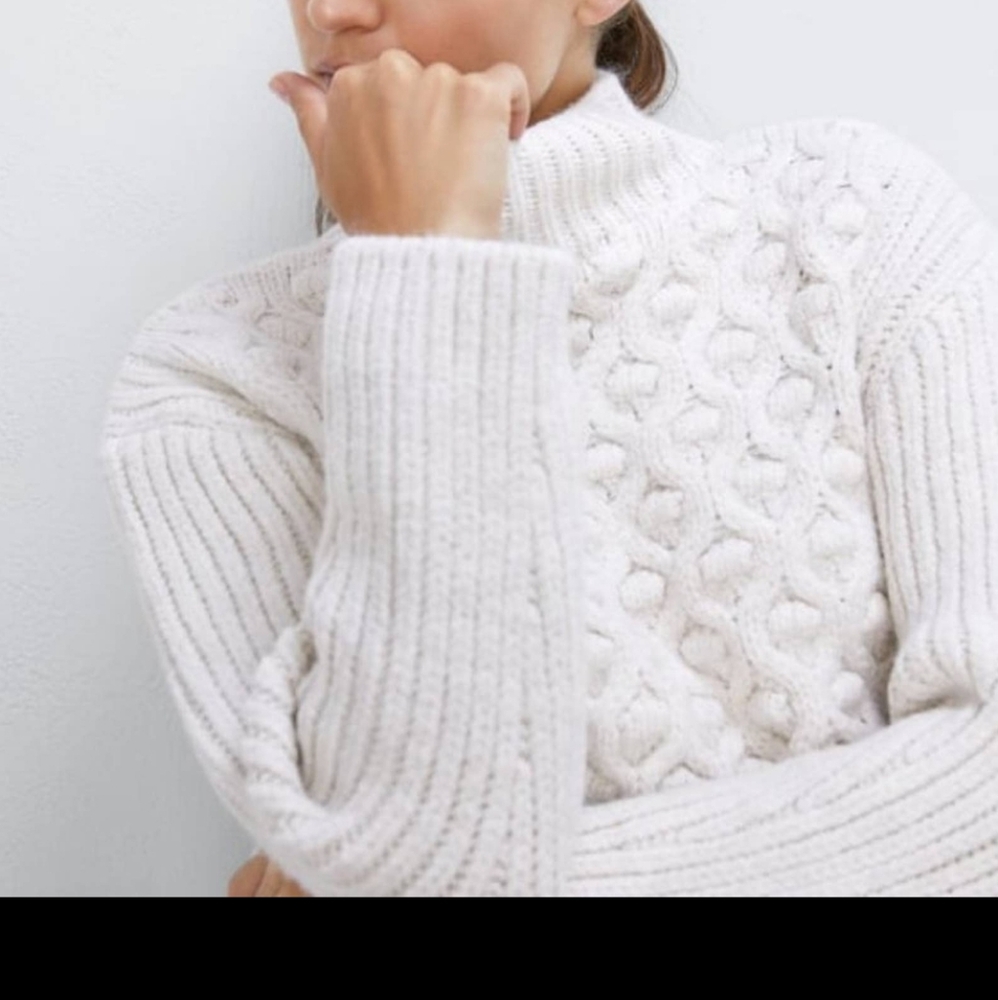 ZARA White Wool Cable Fisherman Sweater